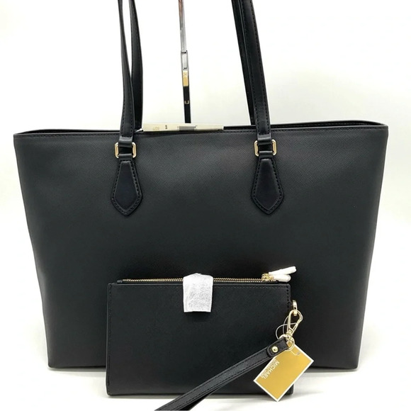 Michael Kors Bag Large Sheila Mf Tote Bag & Large Double Zip Wallet Black/Gold - Picture 5 of 15